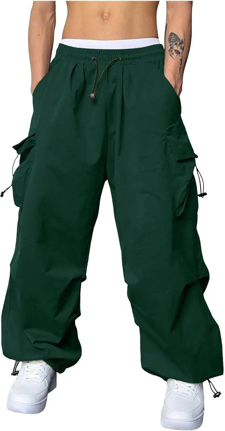 Mens Cargo Work Pant Wide Leg Casual Joggers Drawstring Elastic Waist Combat Work Pant with Pockets