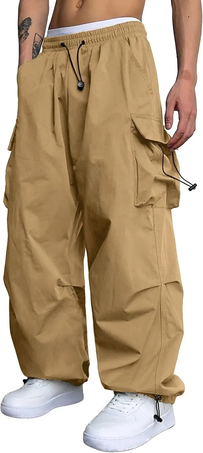Mens Cargo Work Pant Wide Leg Casual Joggers Drawstring Elastic Waist Combat Work Pant with Pockets