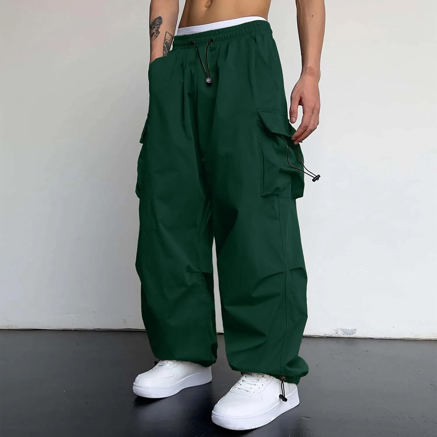 Mens Cargo Work Pant Wide Leg Casual Joggers Drawstring Elastic Waist Combat Work Pant with Pockets