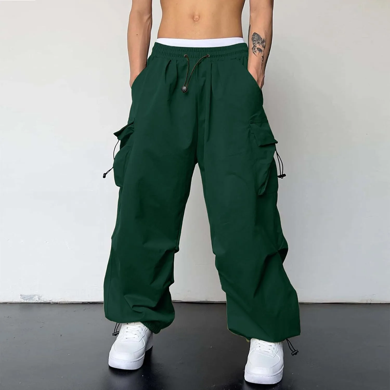 Mens Cargo Work Pant Wide Leg Casual Joggers Drawstring Elastic Waist Combat Work Pant with Pockets