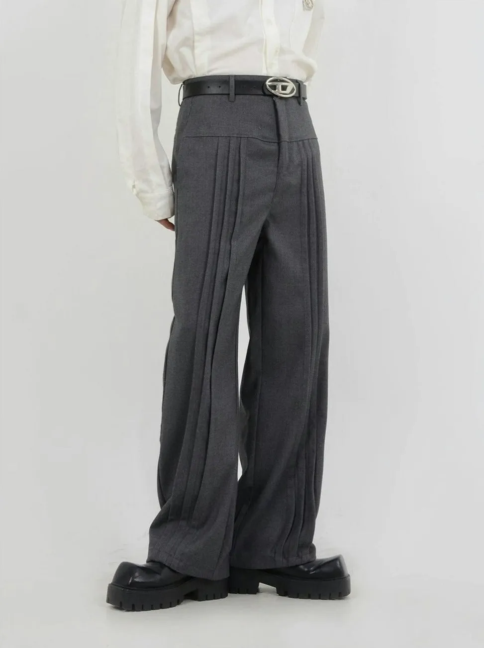Multi-Pleated Wide-Leg Trousers with Waist Detail