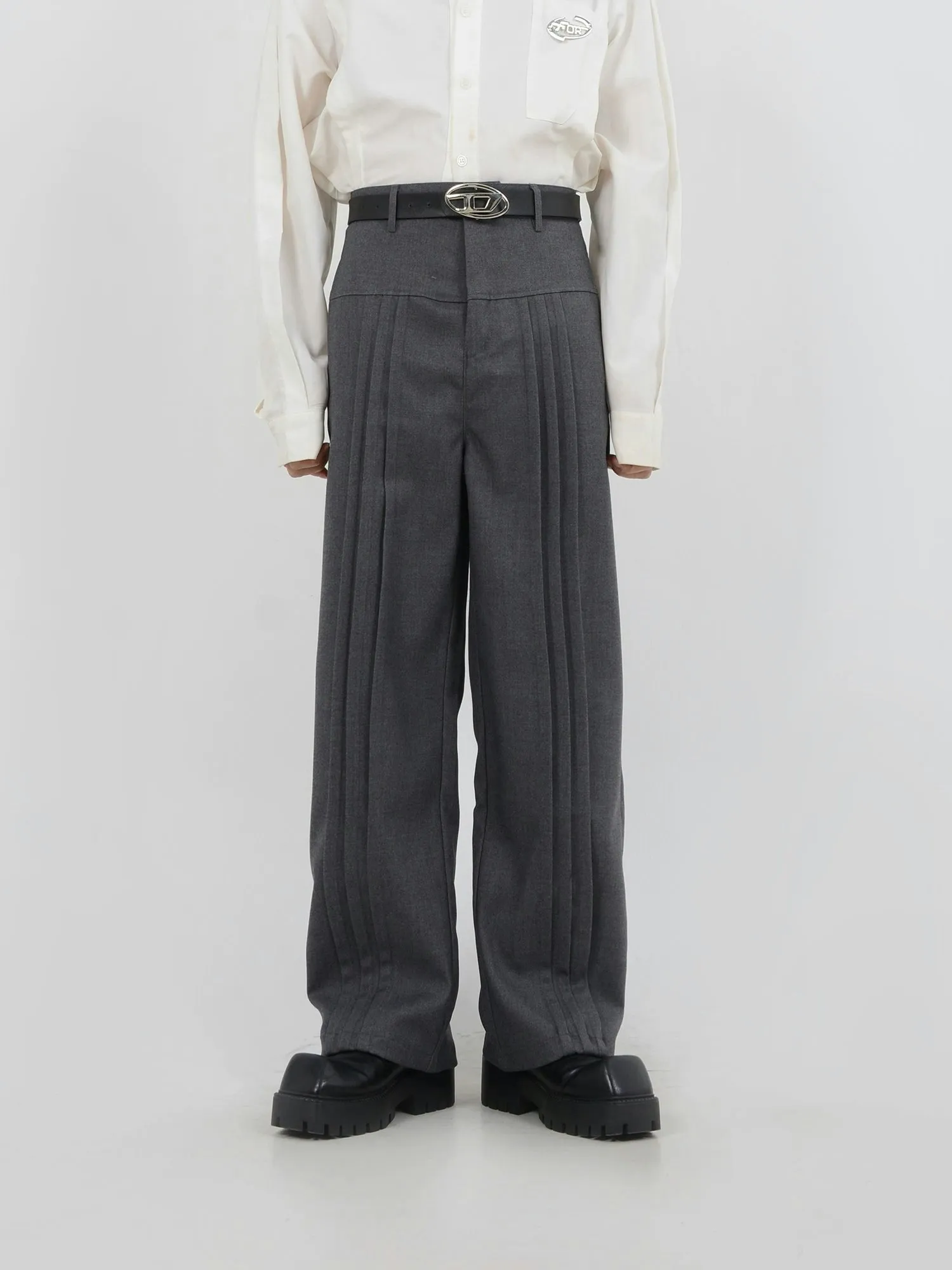 Multi-Pleated Wide-Leg Trousers with Waist Detail