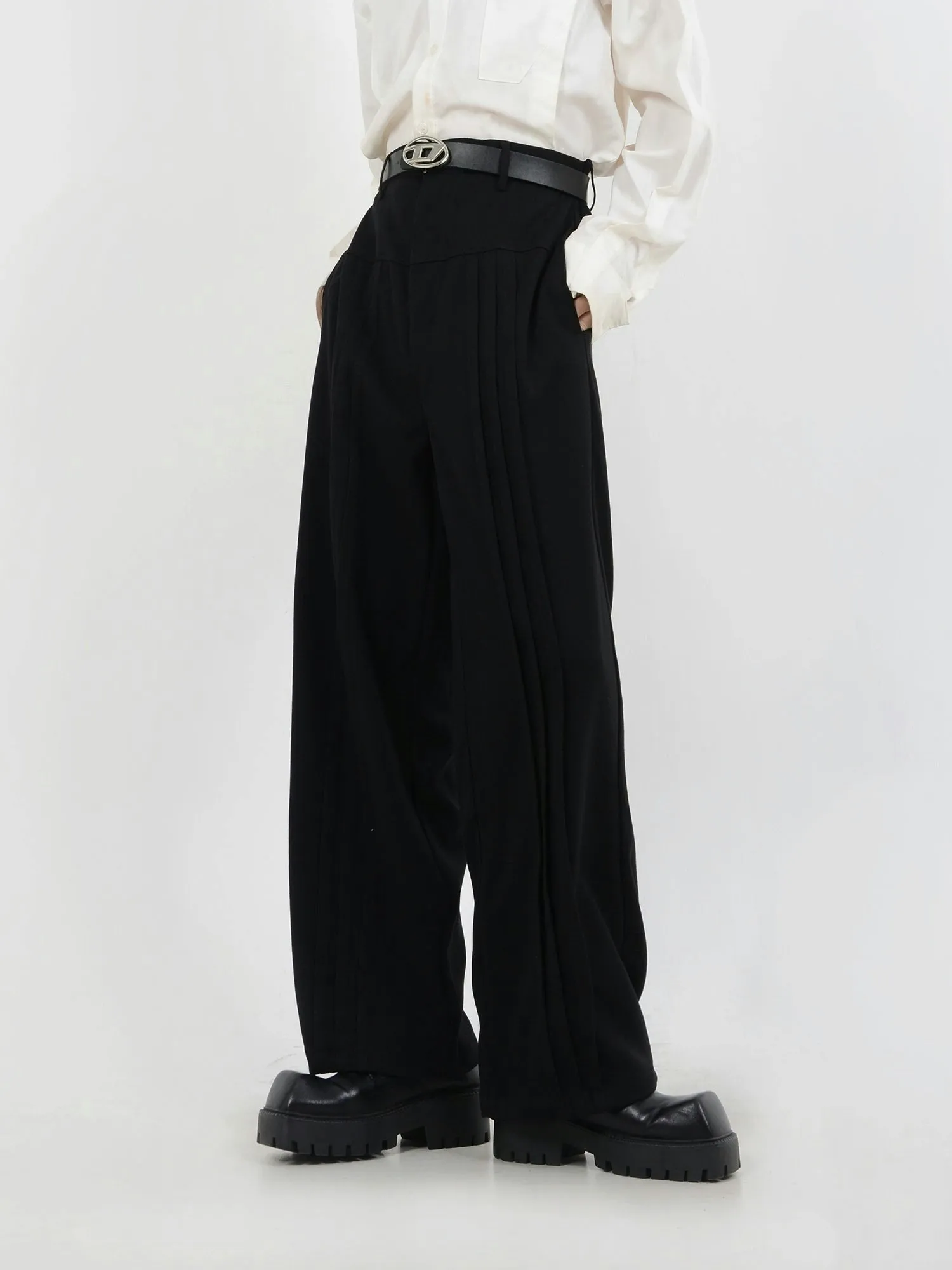 Multi-Pleated Wide-Leg Trousers with Waist Detail