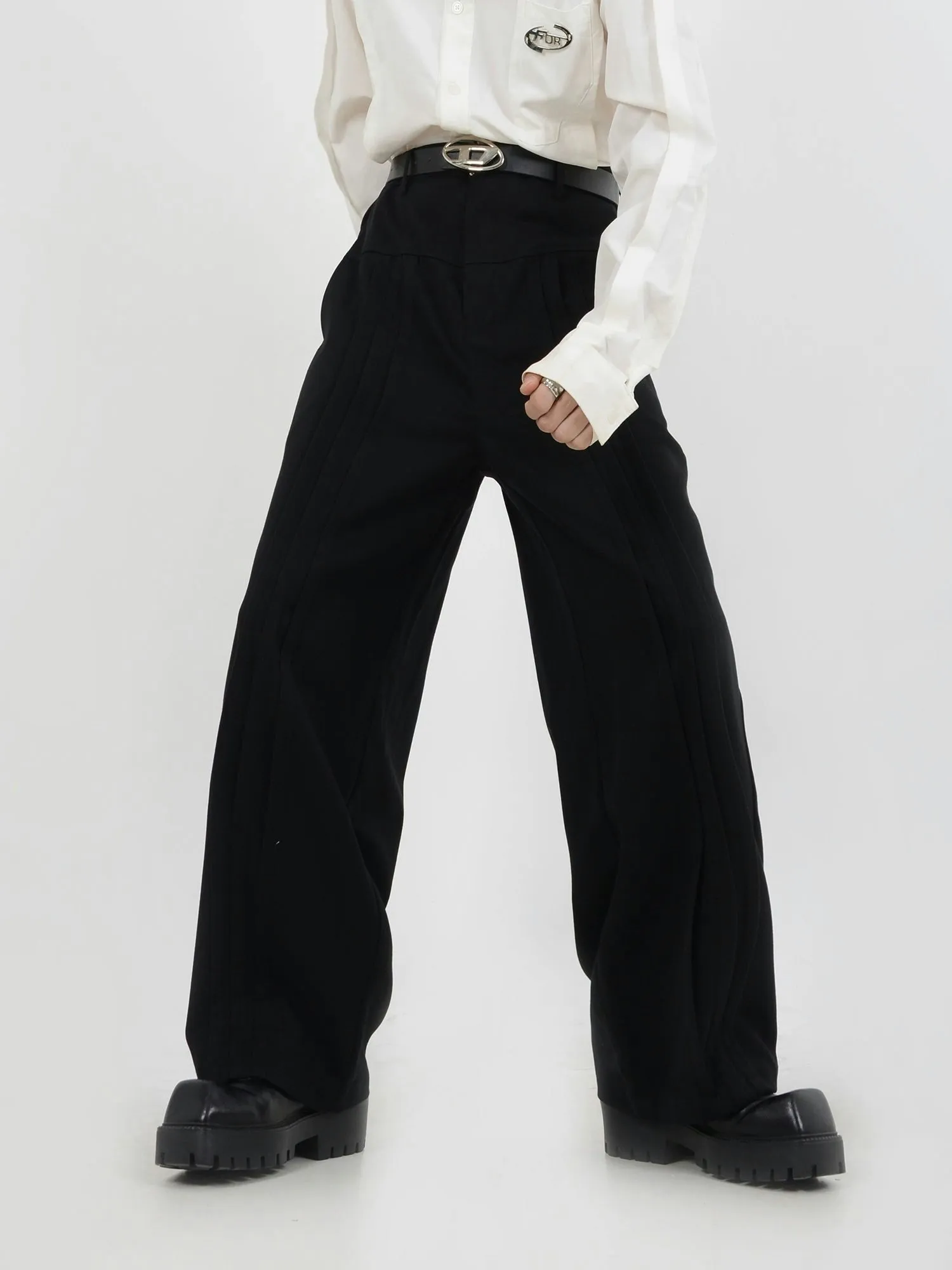 Multi-Pleated Wide-Leg Trousers with Waist Detail