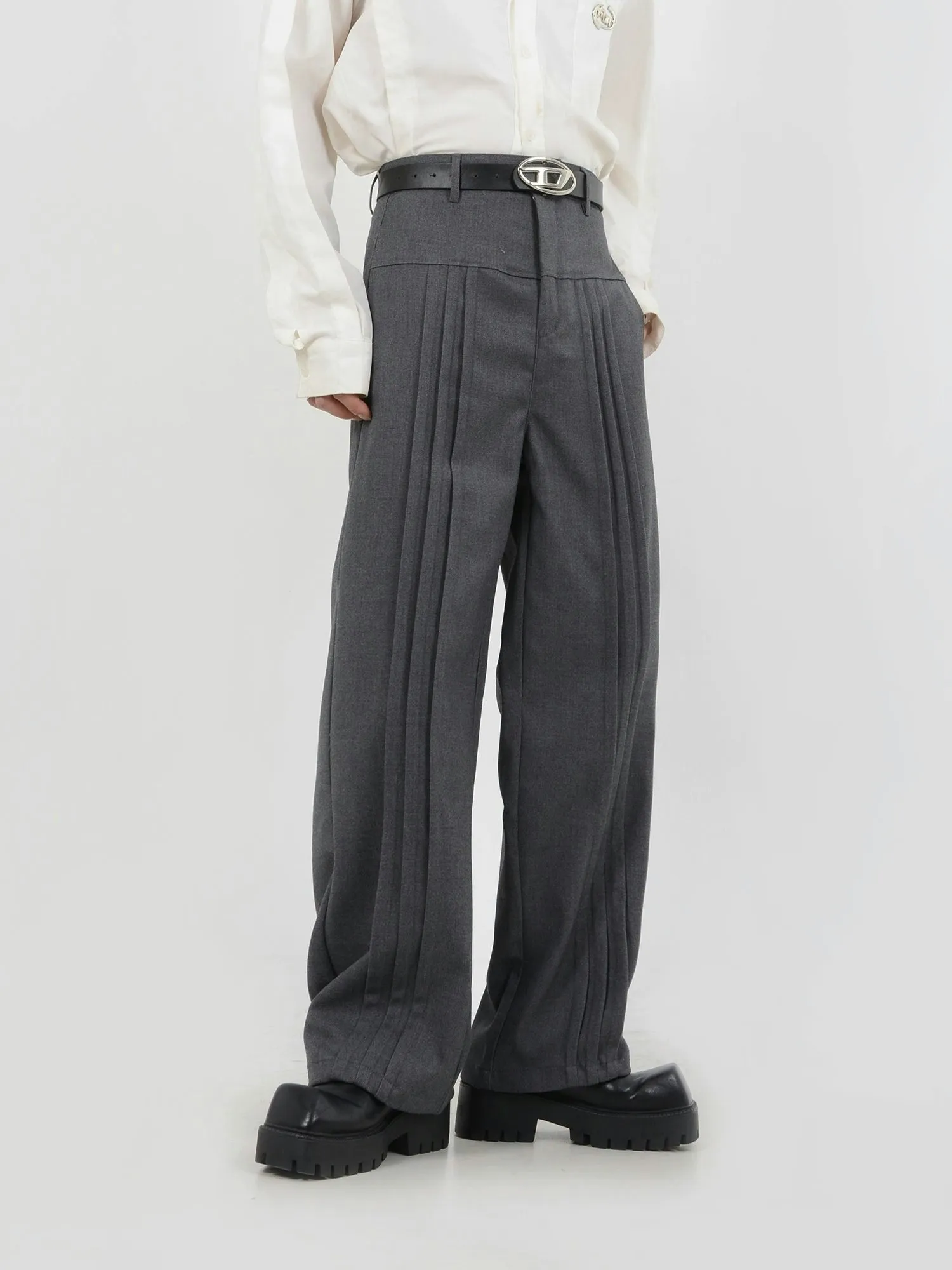Multi-Pleated Wide-Leg Trousers with Waist Detail