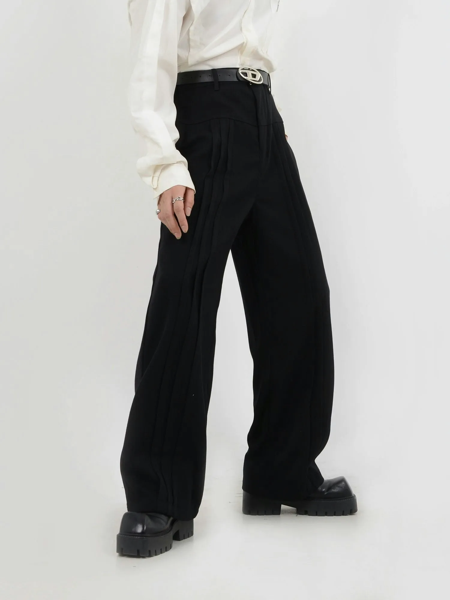 Multi-Pleated Wide-Leg Trousers with Waist Detail