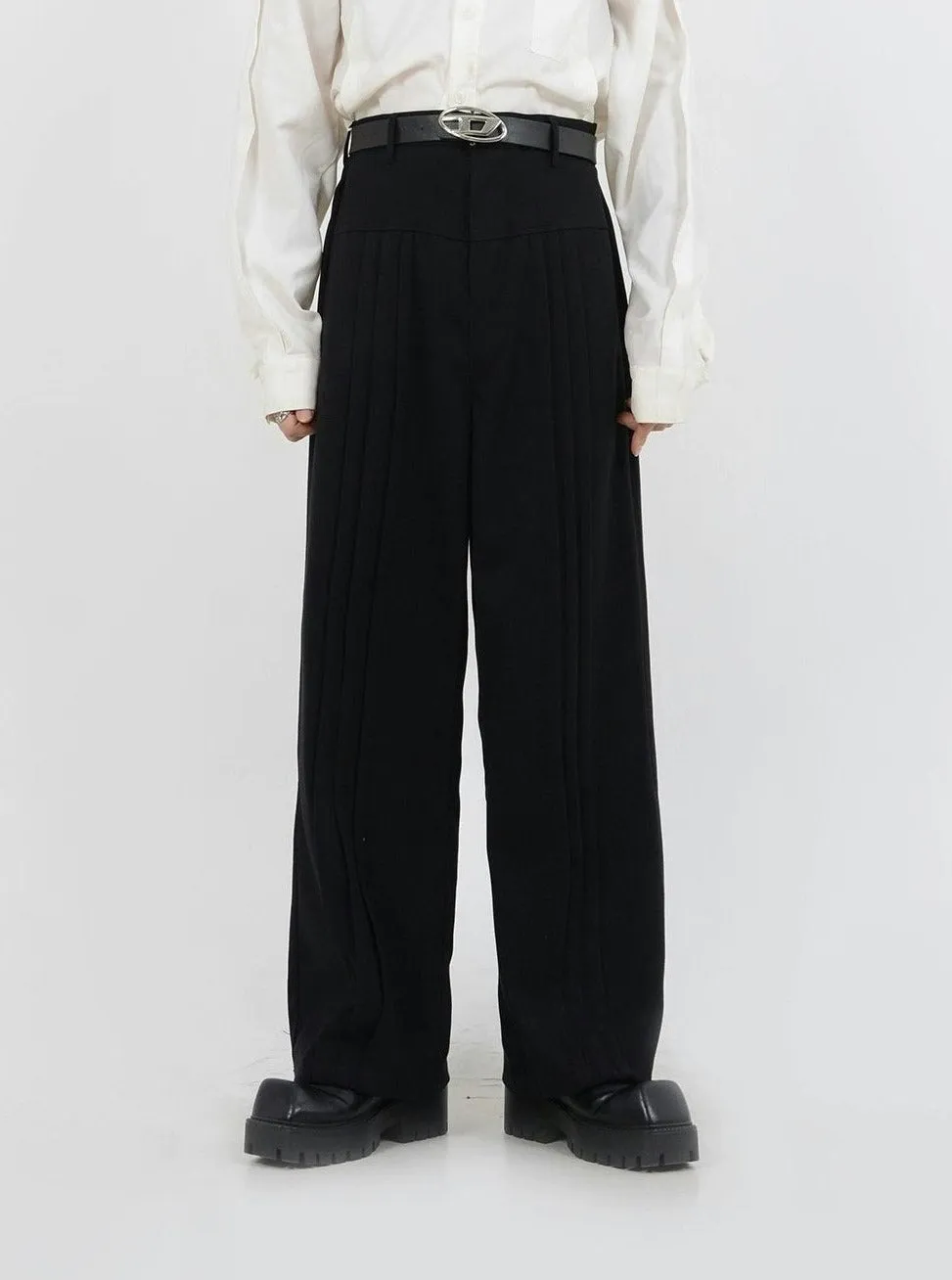 Multi-Pleated Wide-Leg Trousers with Waist Detail