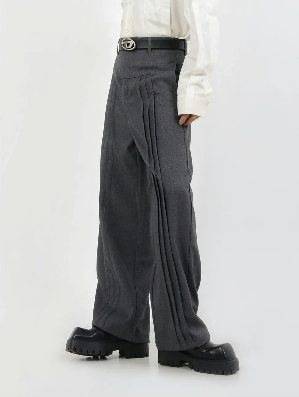 Multi-Pleated Wide-Leg Trousers with Waist Detail