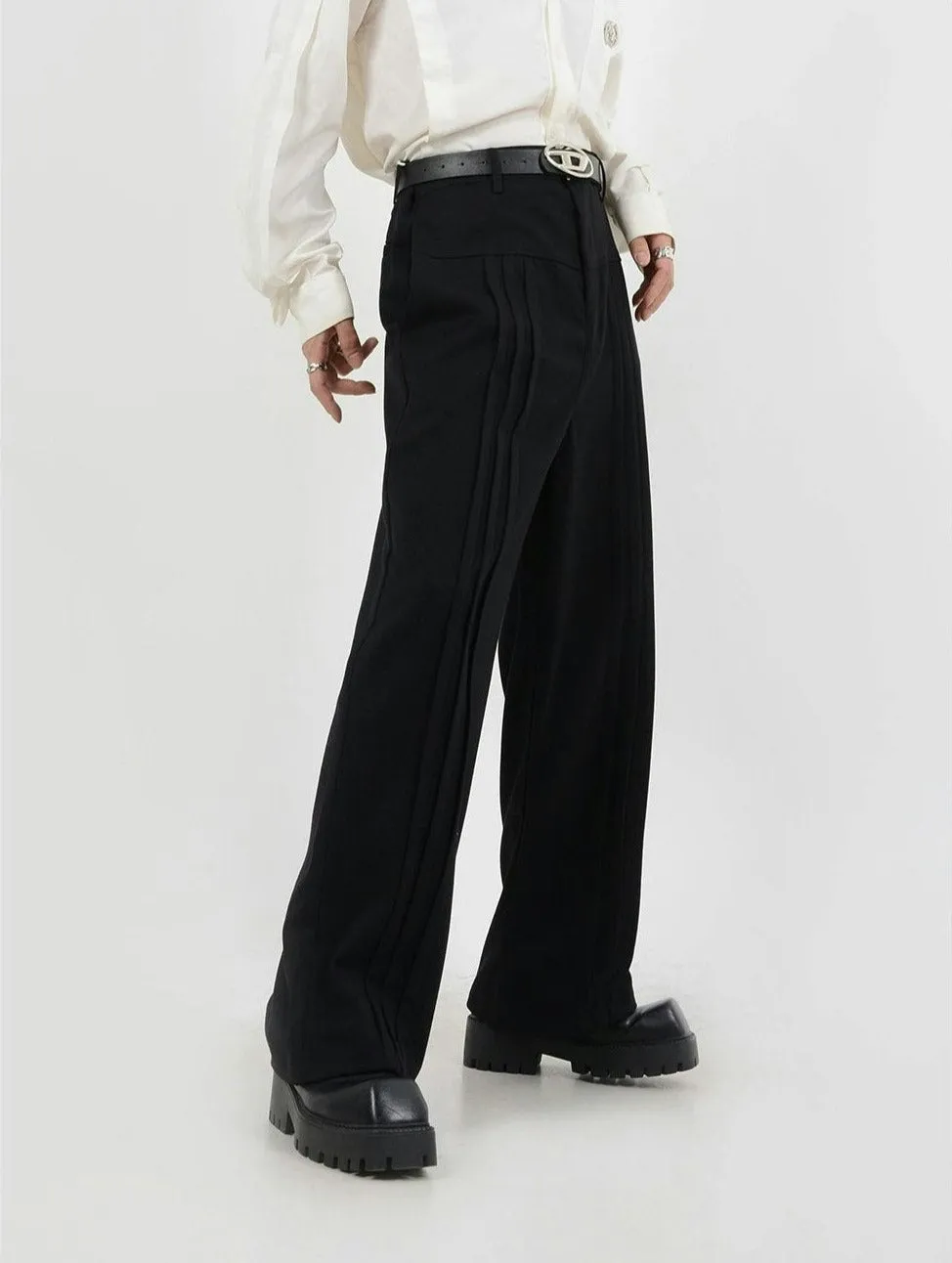 Multi-Pleated Wide-Leg Trousers with Waist Detail