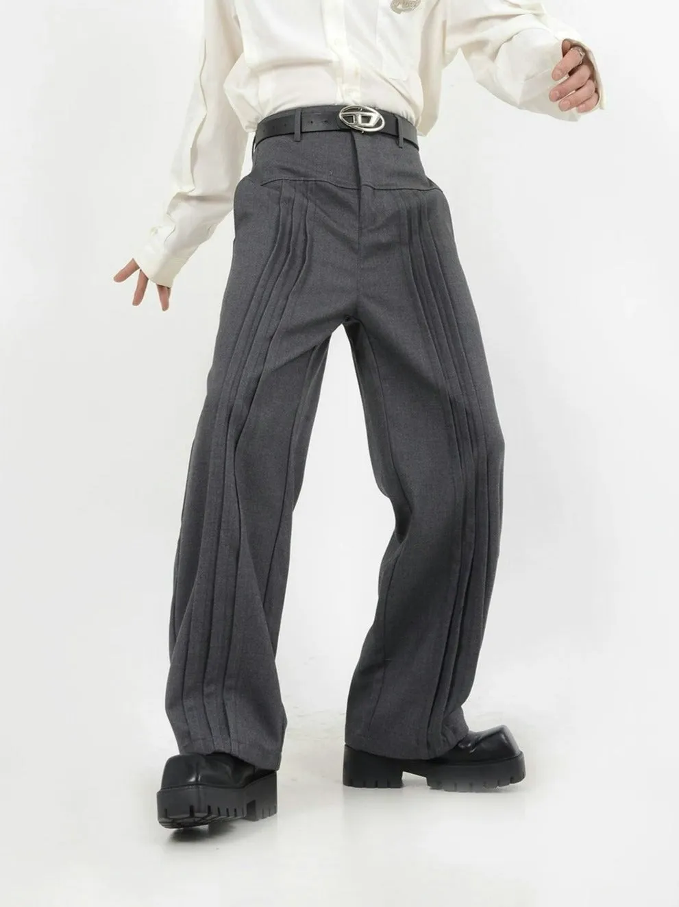 Multi-Pleated Wide-Leg Trousers with Waist Detail