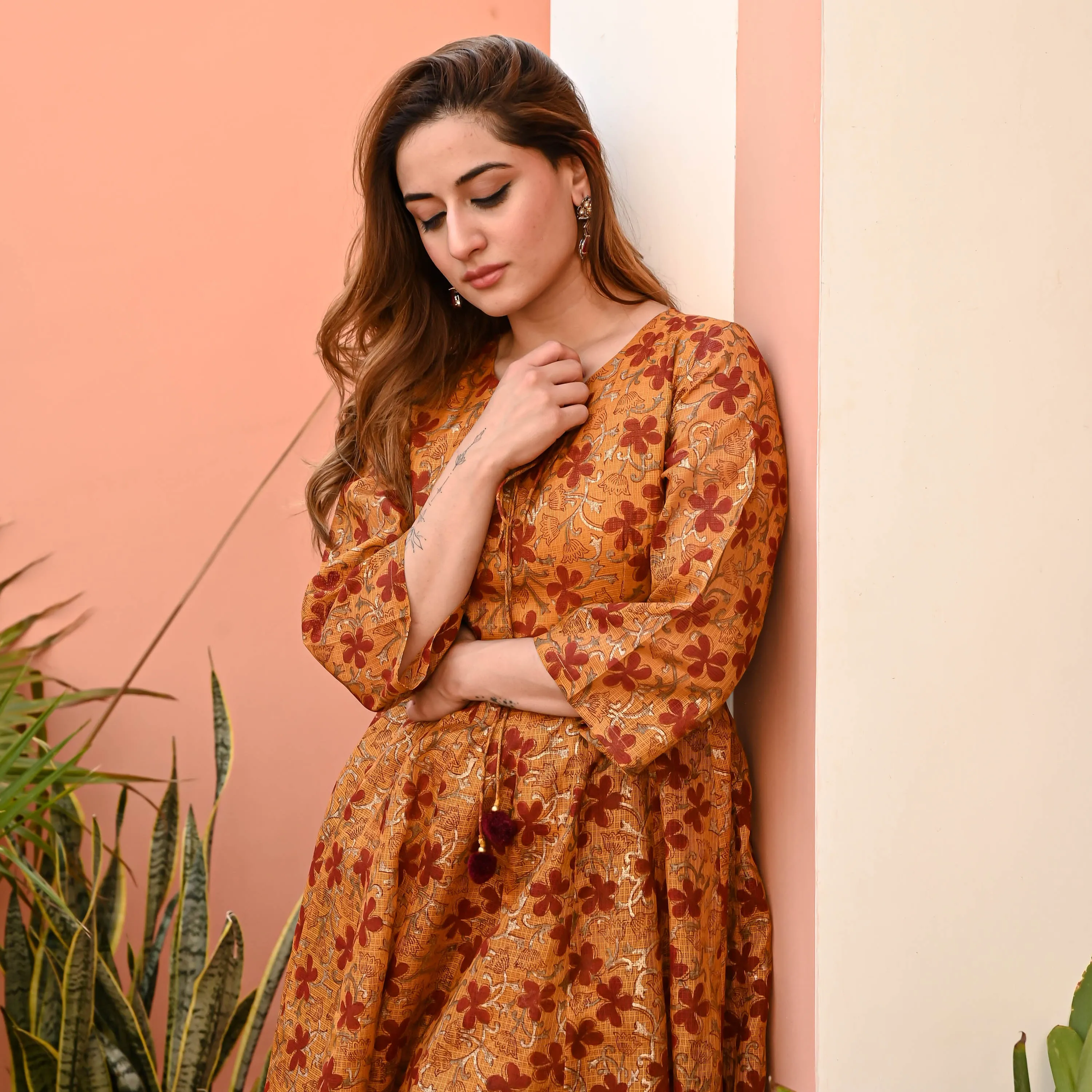 Mustard Maroon Kurta Set