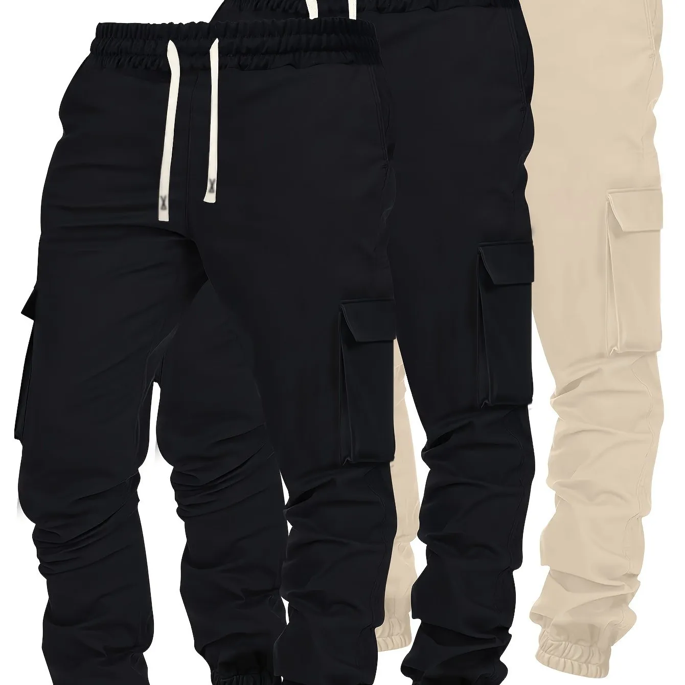 [Popular Choice] 3pcs Men's Cargo Pants - Fall/Winter, Multi-Pocket Design, Solid Color with Elastic Drawstring Waist, Comfortable Polyester, Casual Jogger Sport Trousers in Black, Olive Green, Beige