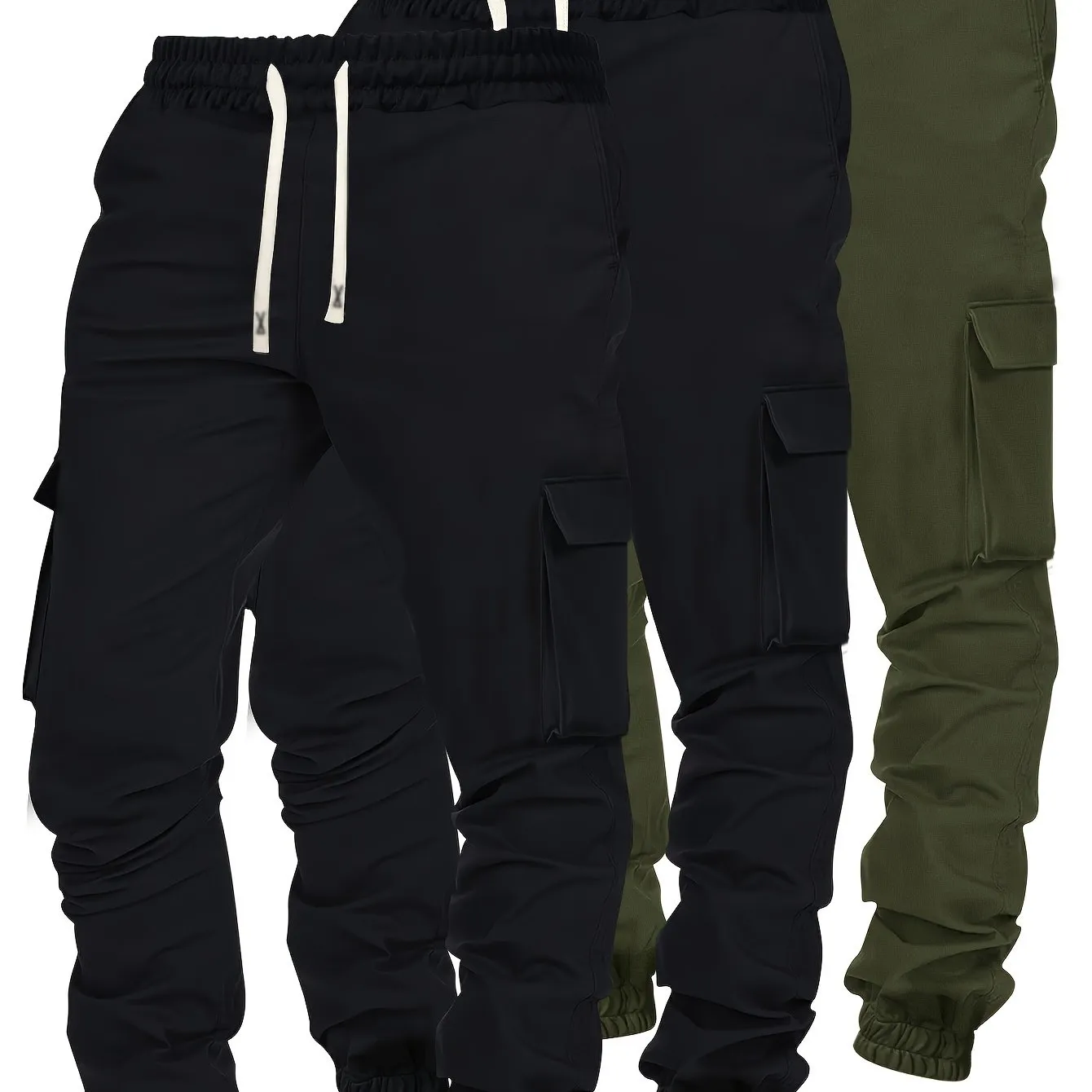 [Popular Choice] 3pcs Men's Cargo Pants - Fall/Winter, Multi-Pocket Design, Solid Color with Elastic Drawstring Waist, Comfortable Polyester, Casual Jogger Sport Trousers in Black, Olive Green, Beige