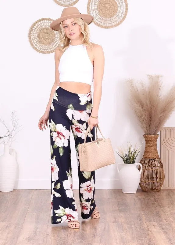 Printed Fold-Over Palazzo Pants