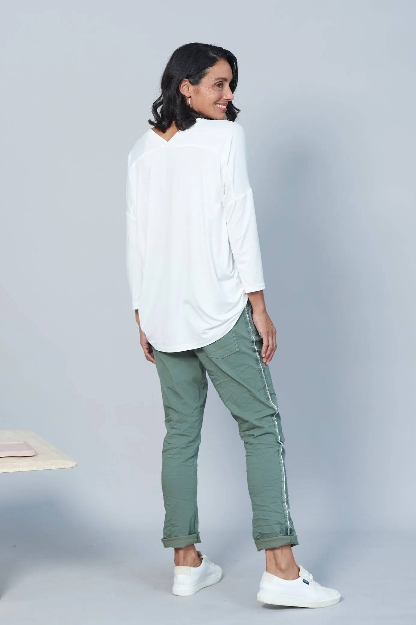 Rhinestone Side Stripe Crinkle Jogger Olive