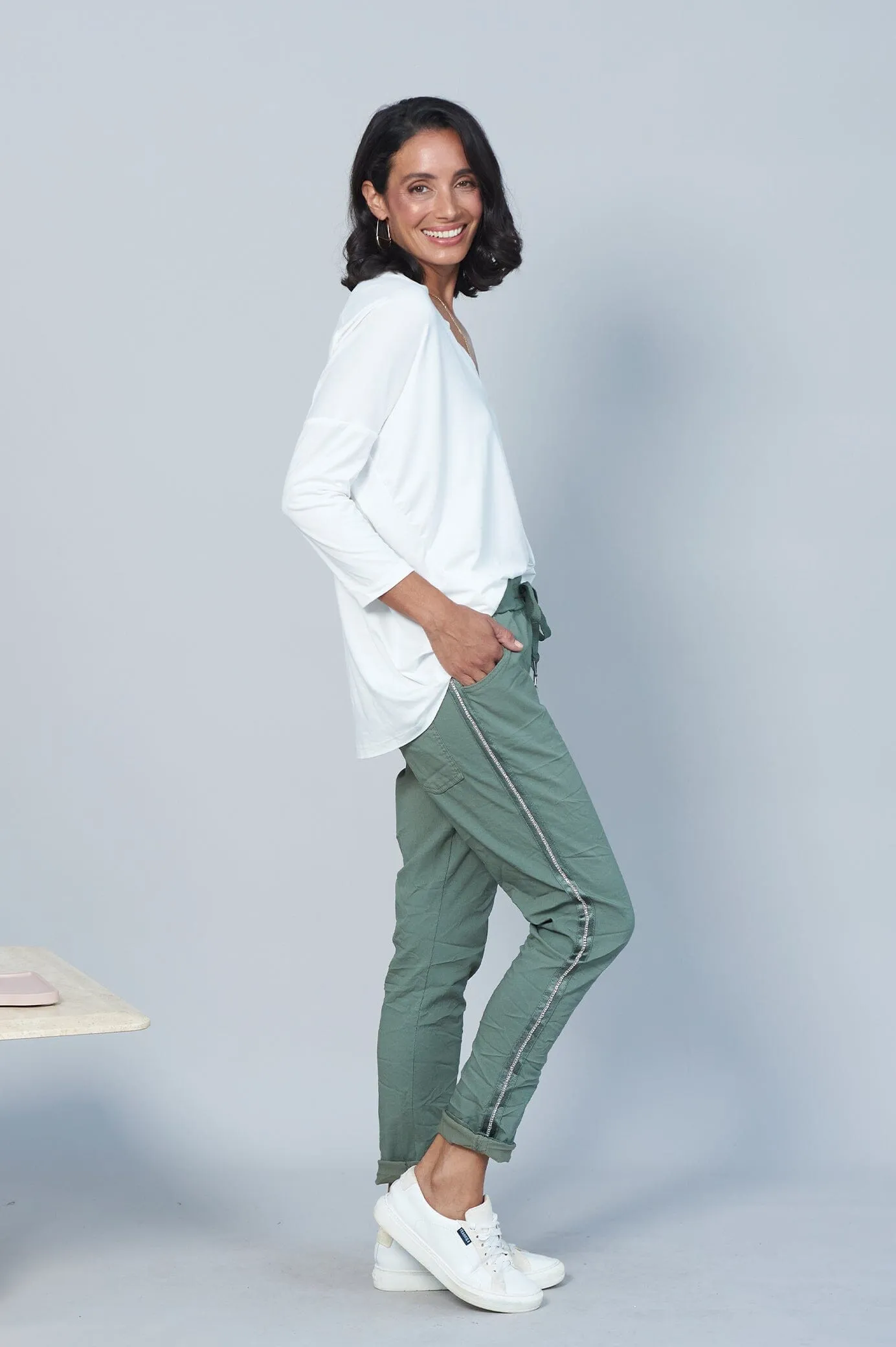 Rhinestone Side Stripe Crinkle Jogger Olive