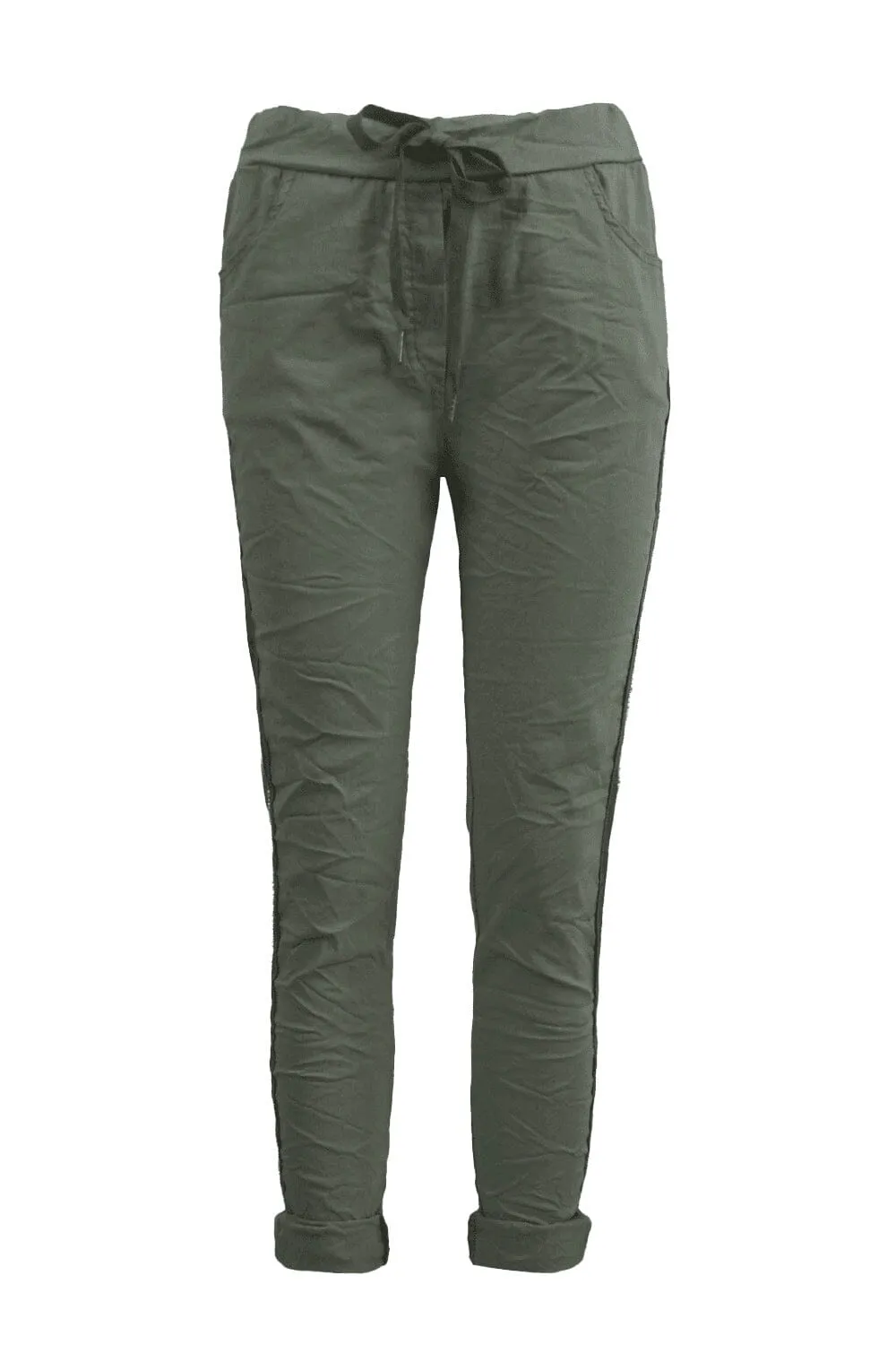 Rhinestone Side Stripe Crinkle Jogger Olive