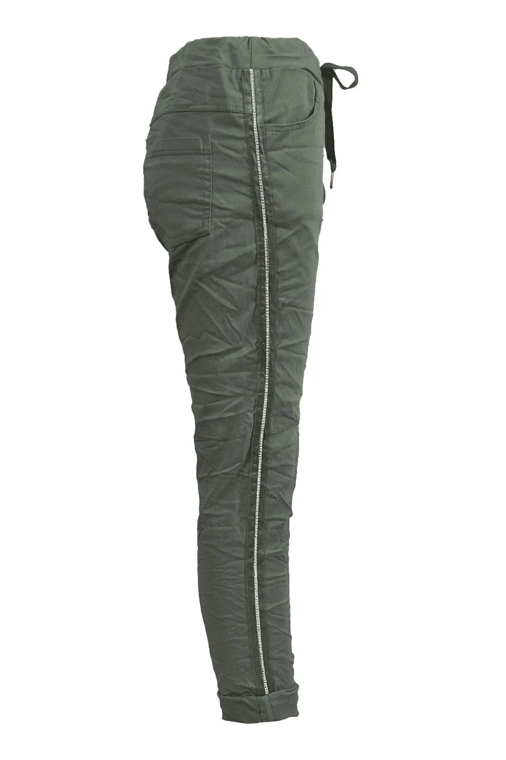 Rhinestone Side Stripe Crinkle Jogger Olive
