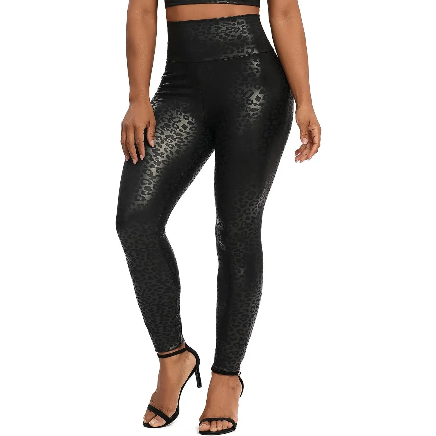 Sexy PU Leather Pants Women High Waist Push Up Leopard Leggings