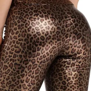 Sexy PU Leather Pants Women High Waist Push Up Leopard Leggings