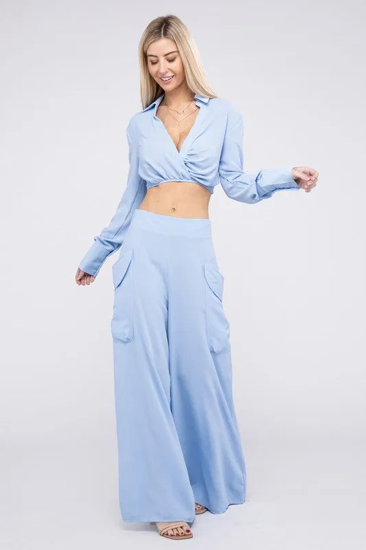 Sky Serenity Collared Crop Top and Pants Set