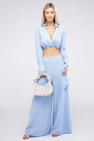 Sky Serenity Collared Crop Top and Pants Set