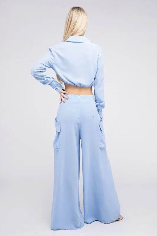 Sky Serenity Collared Crop Top and Pants Set