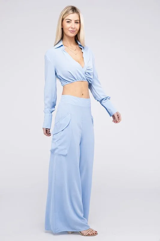 Sky Serenity Collared Crop Top and Pants Set