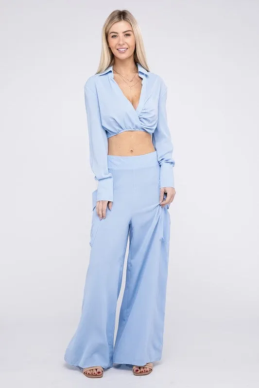 Sky Serenity Collared Crop Top and Pants Set