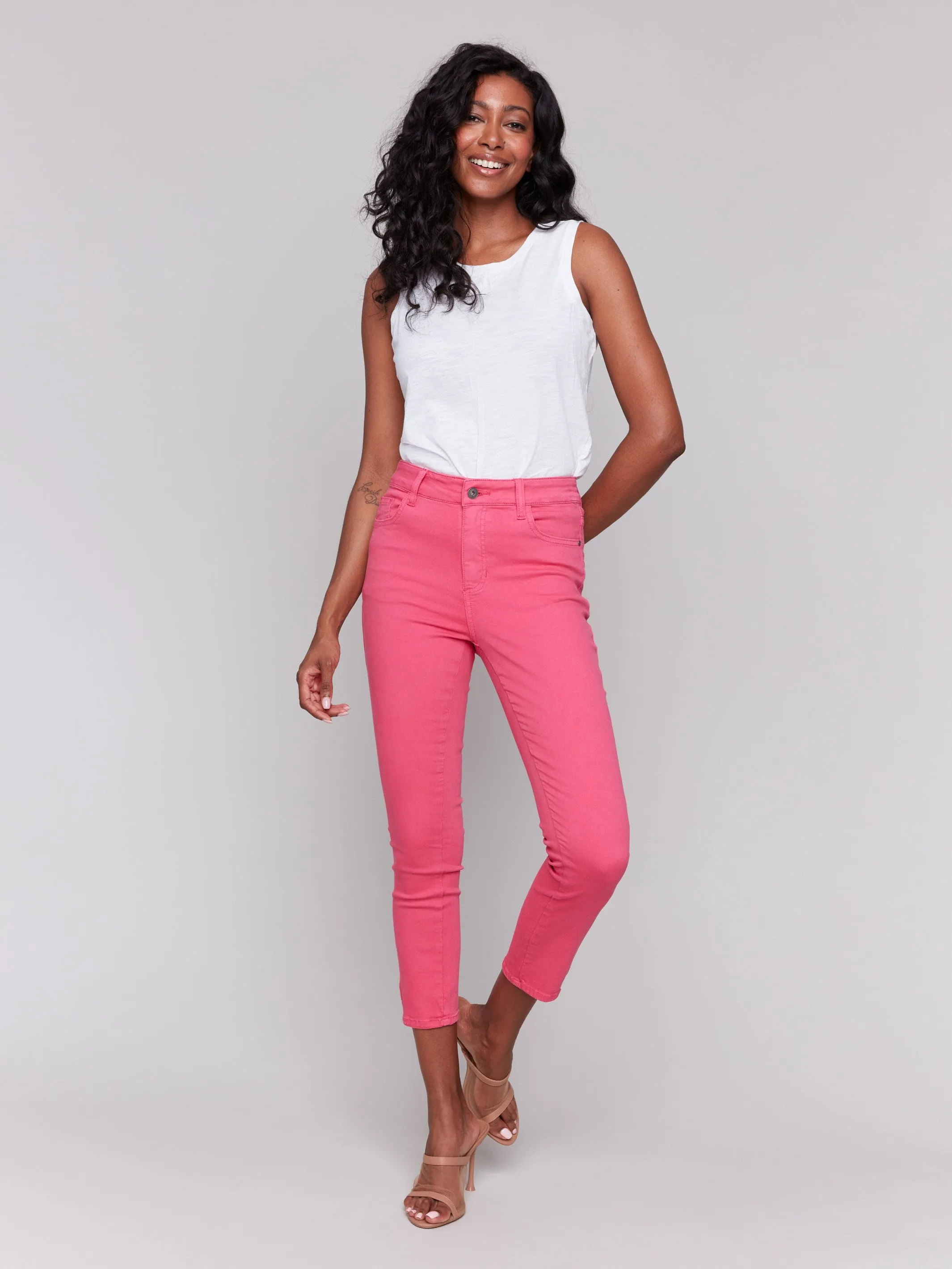 Slim Cropped Twill Pants with Side Mini Tabs - Paradise