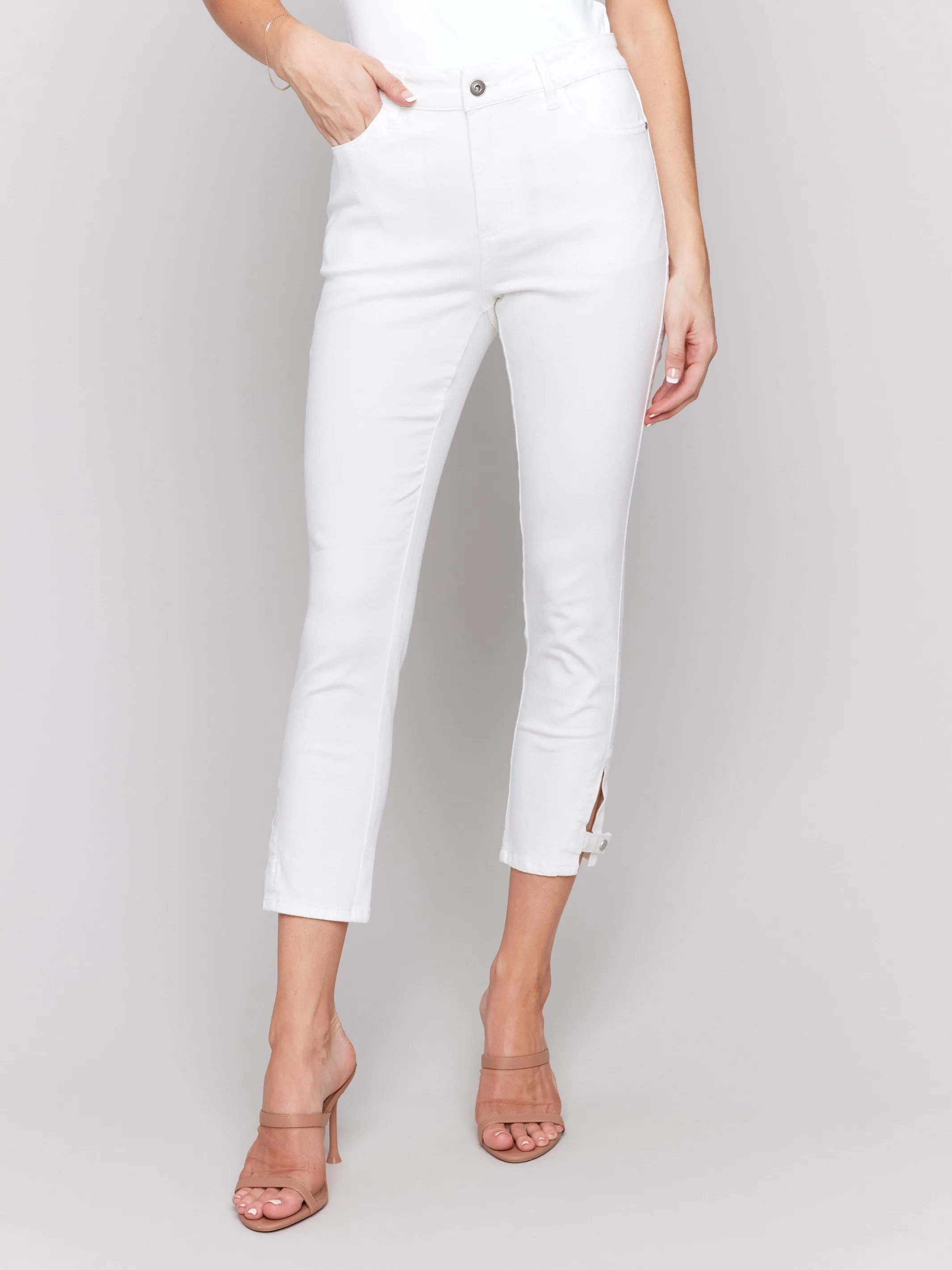 Slim Cropped Twill Pants with Side Mini Tabs - White