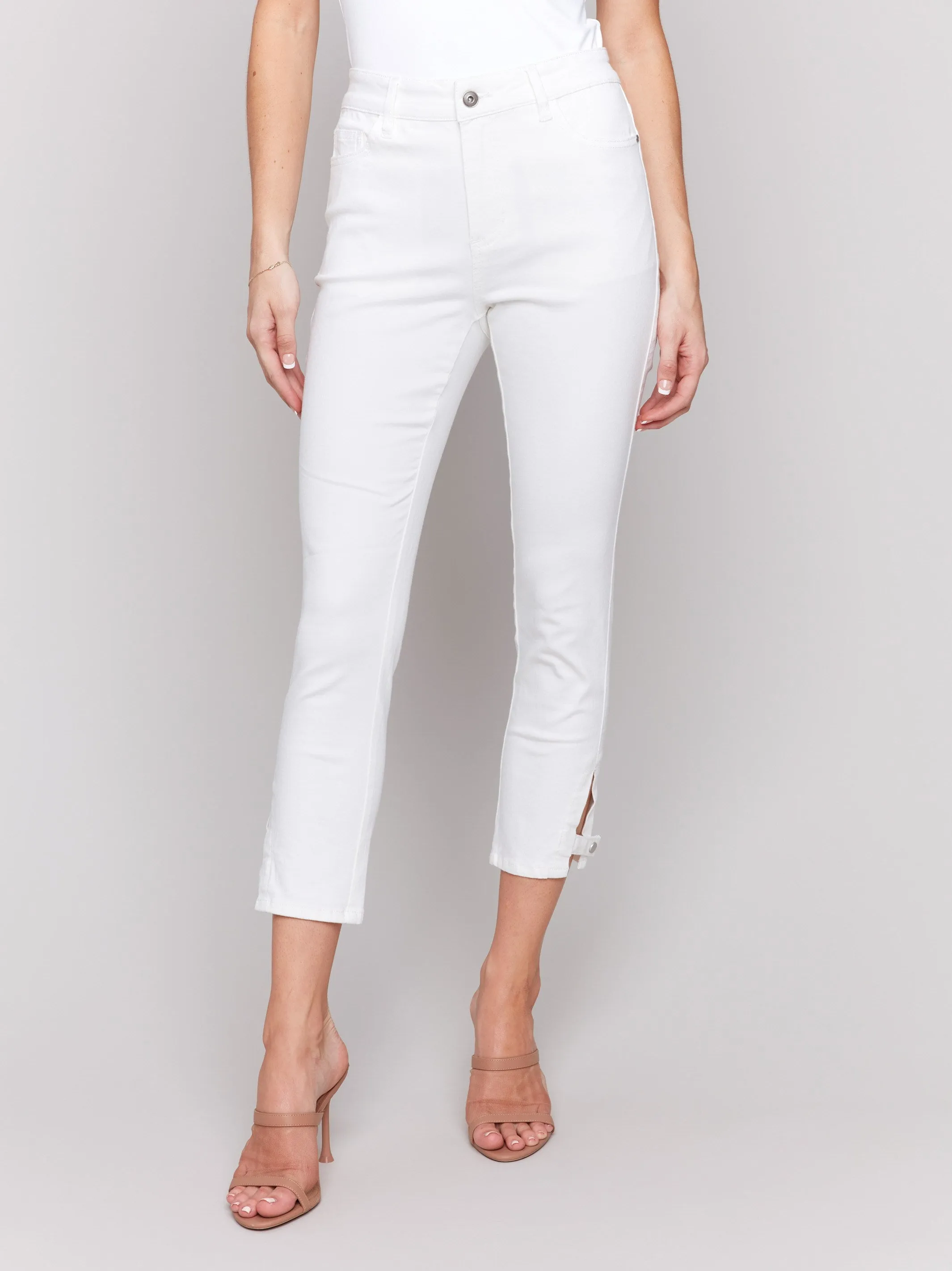 Slim Cropped Twill Pants with Side Mini Tabs - White