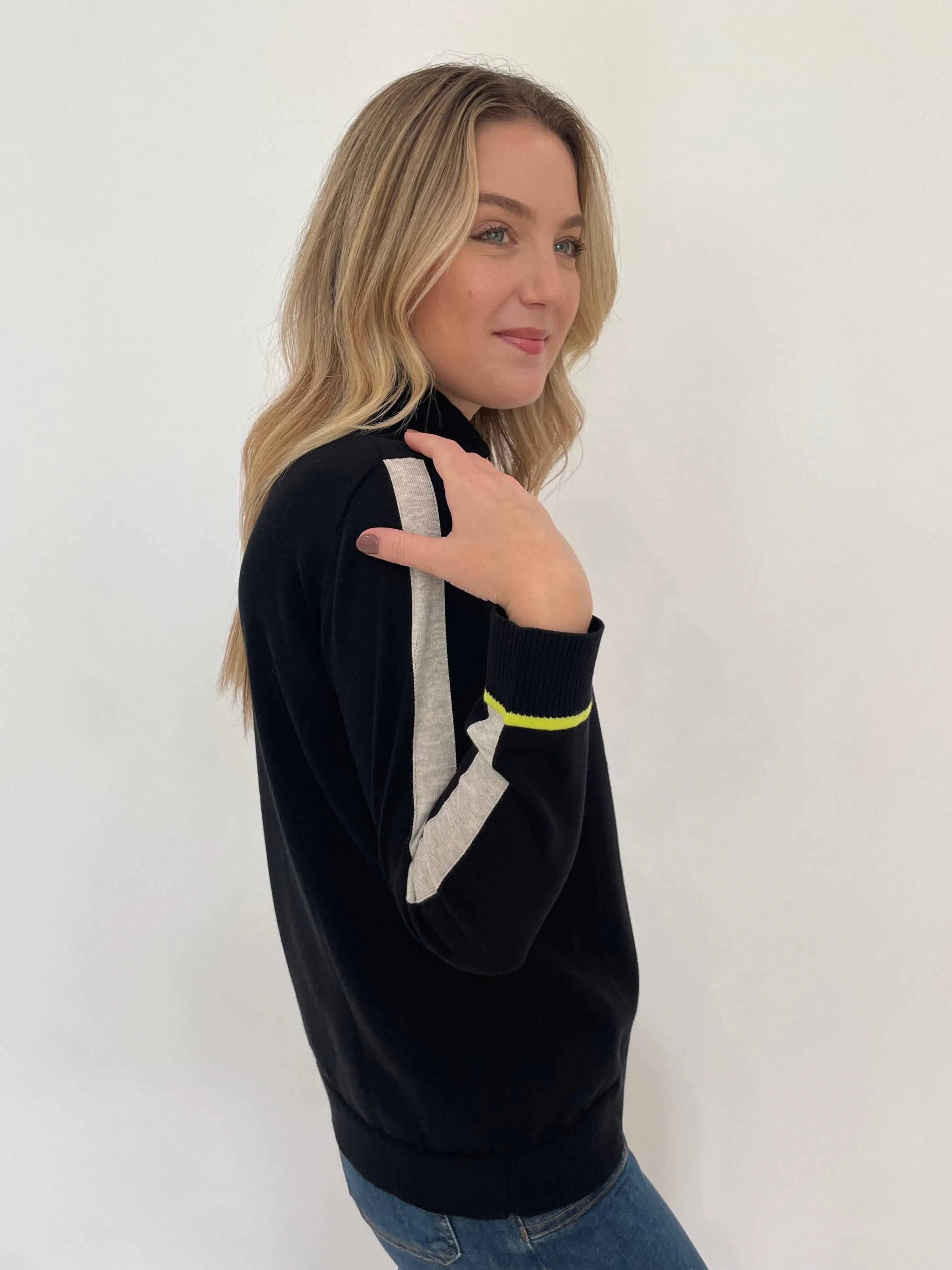 Sporty Pop Funnel Neck Sweater - Black/Lime/Grey