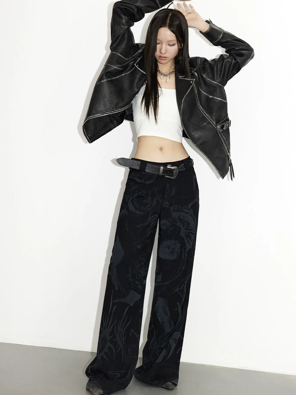 Straight Wide Silhouette Casual Flower Pant