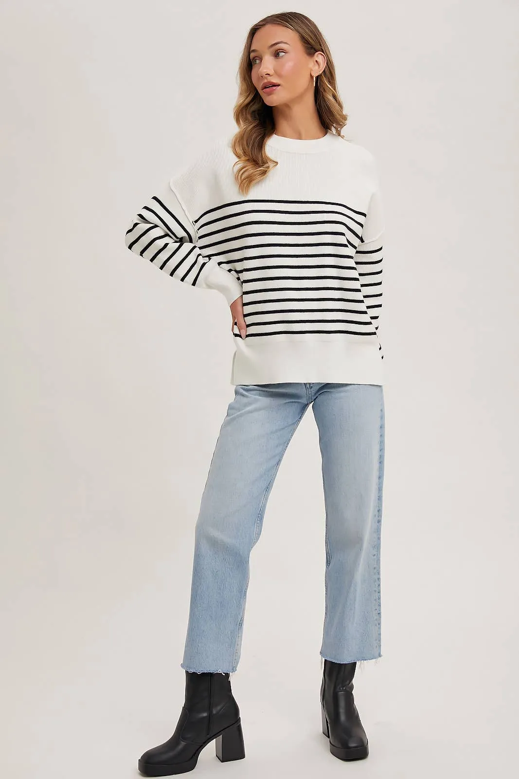 Striped Knit Side Slit Sweater