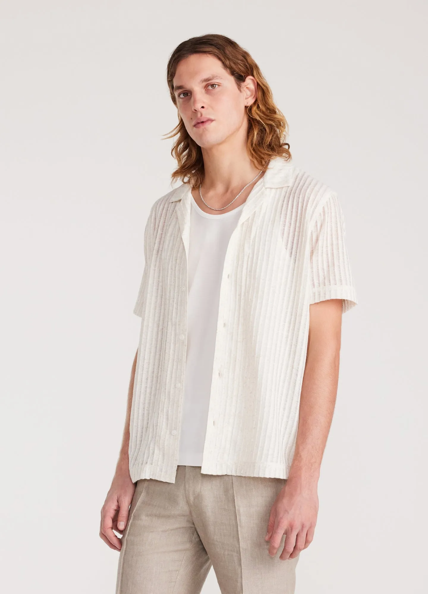 Striped Open Knit Short Sleeve Shirt Natural