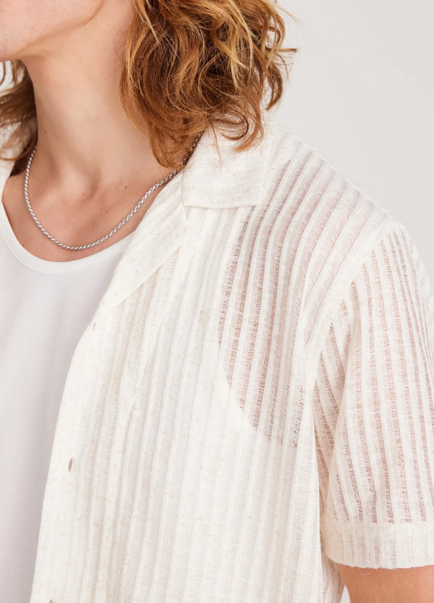 Striped Open Knit Short Sleeve Shirt Natural