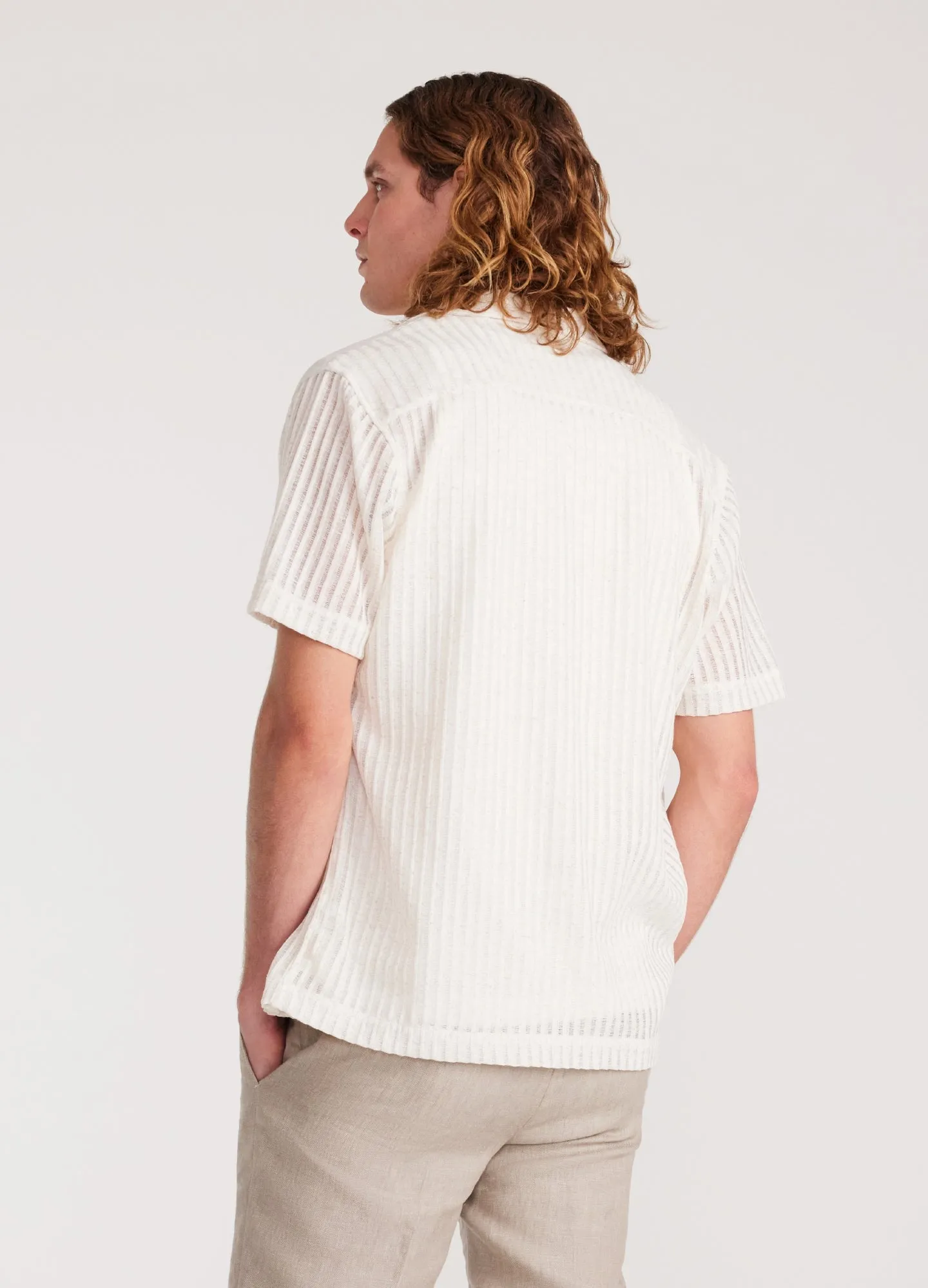 Striped Open Knit Short Sleeve Shirt Natural