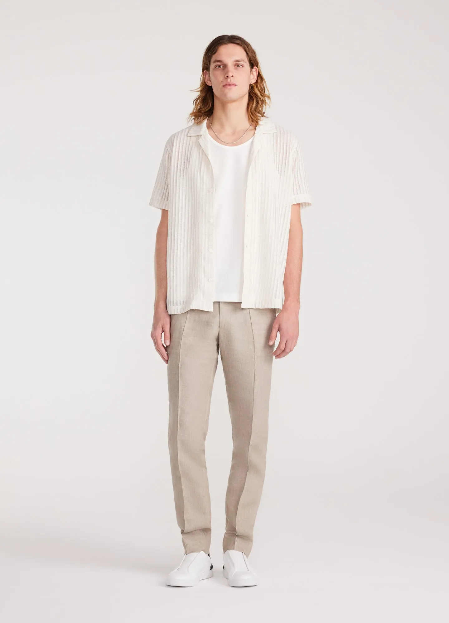 Striped Open Knit Short Sleeve Shirt Natural