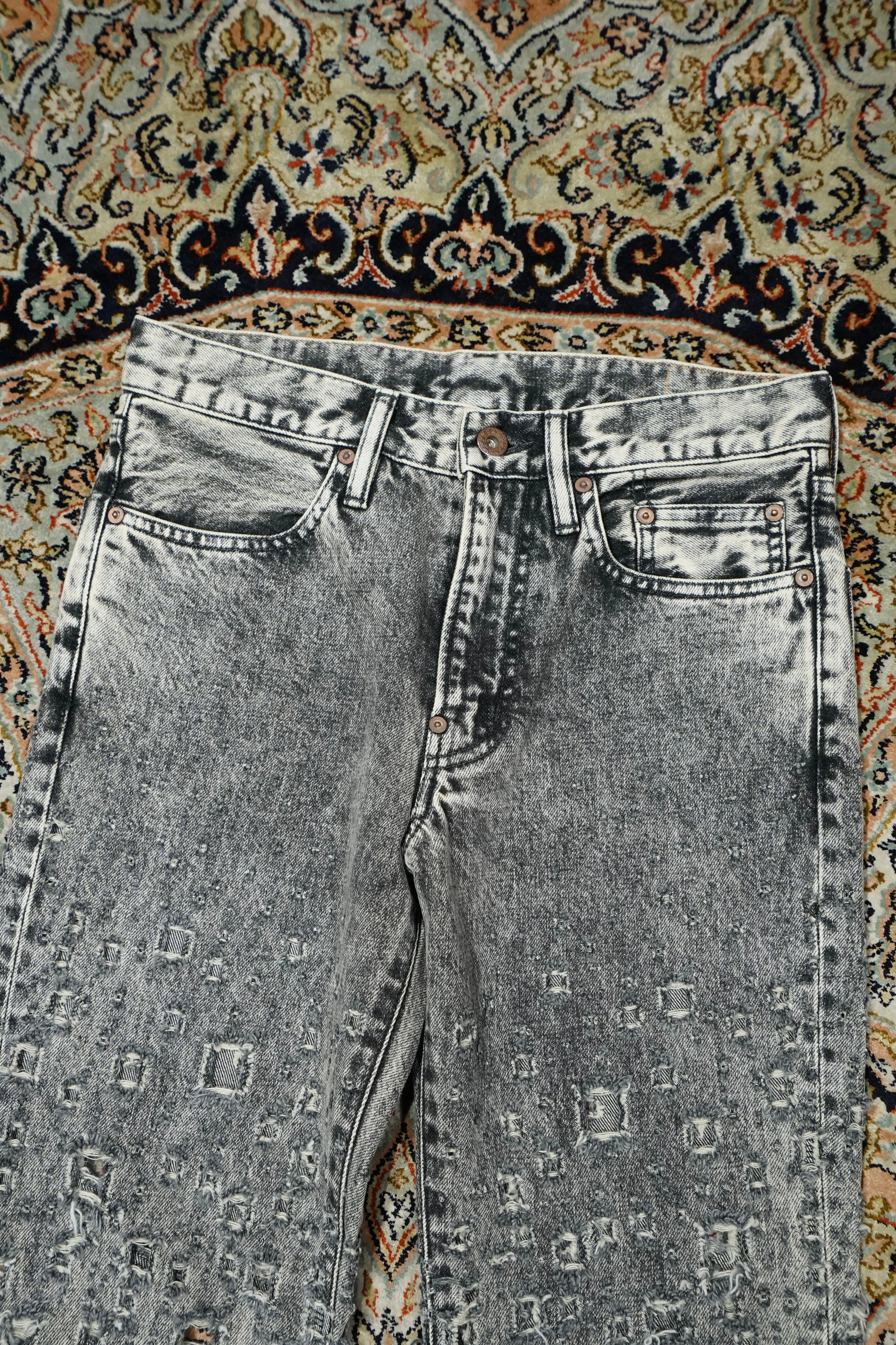 SUGARHILL CRASHED BLACK MODERN DENIM FLARED TROUSERS (FADED BLACK)