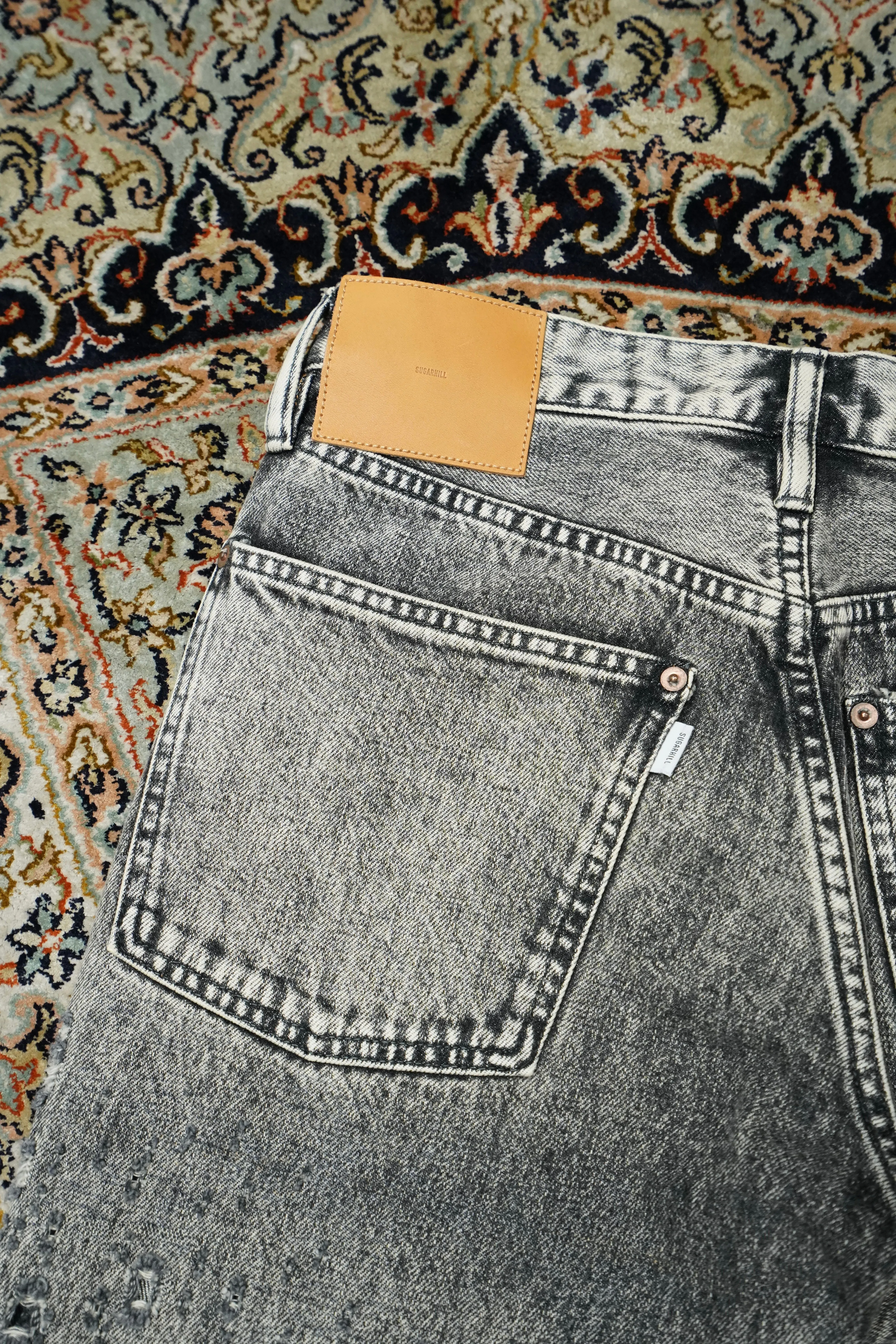 SUGARHILL CRASHED BLACK MODERN DENIM FLARED TROUSERS (FADED BLACK)