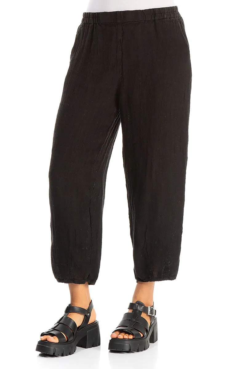 Tapered Black Mélange Linen Trousers