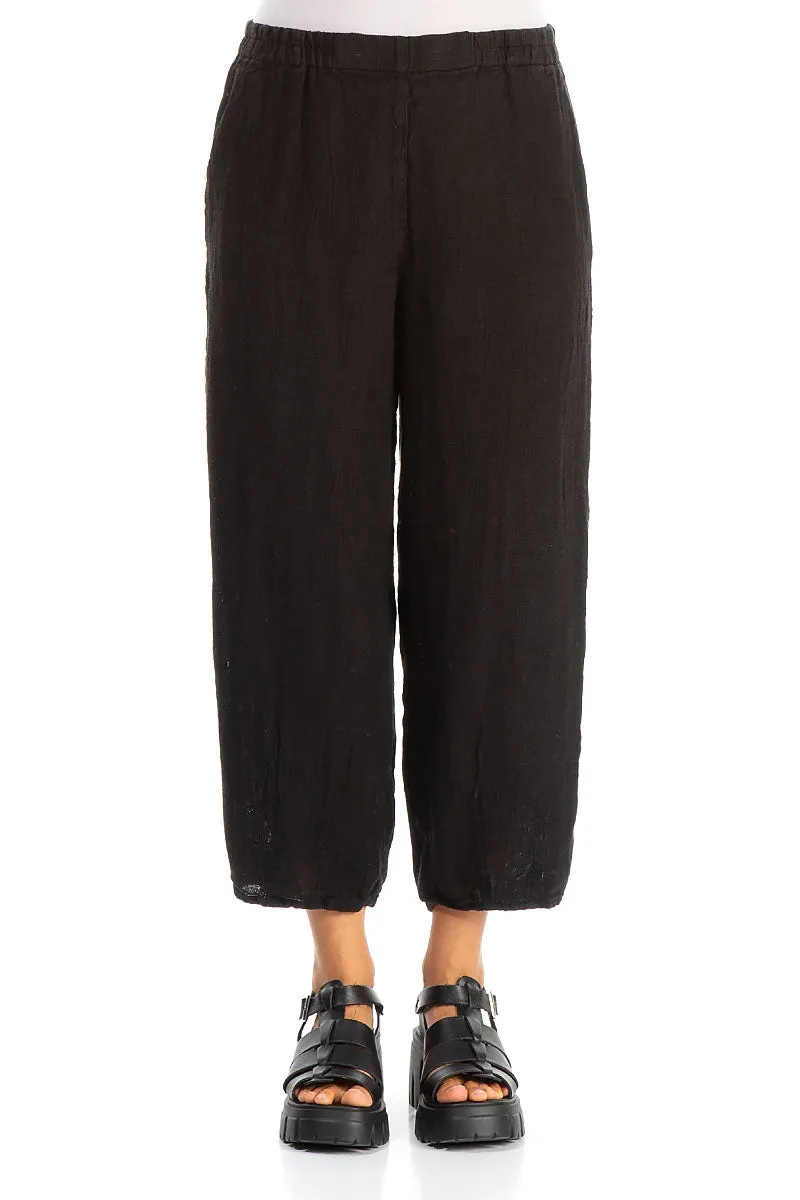Tapered Black Mélange Linen Trousers