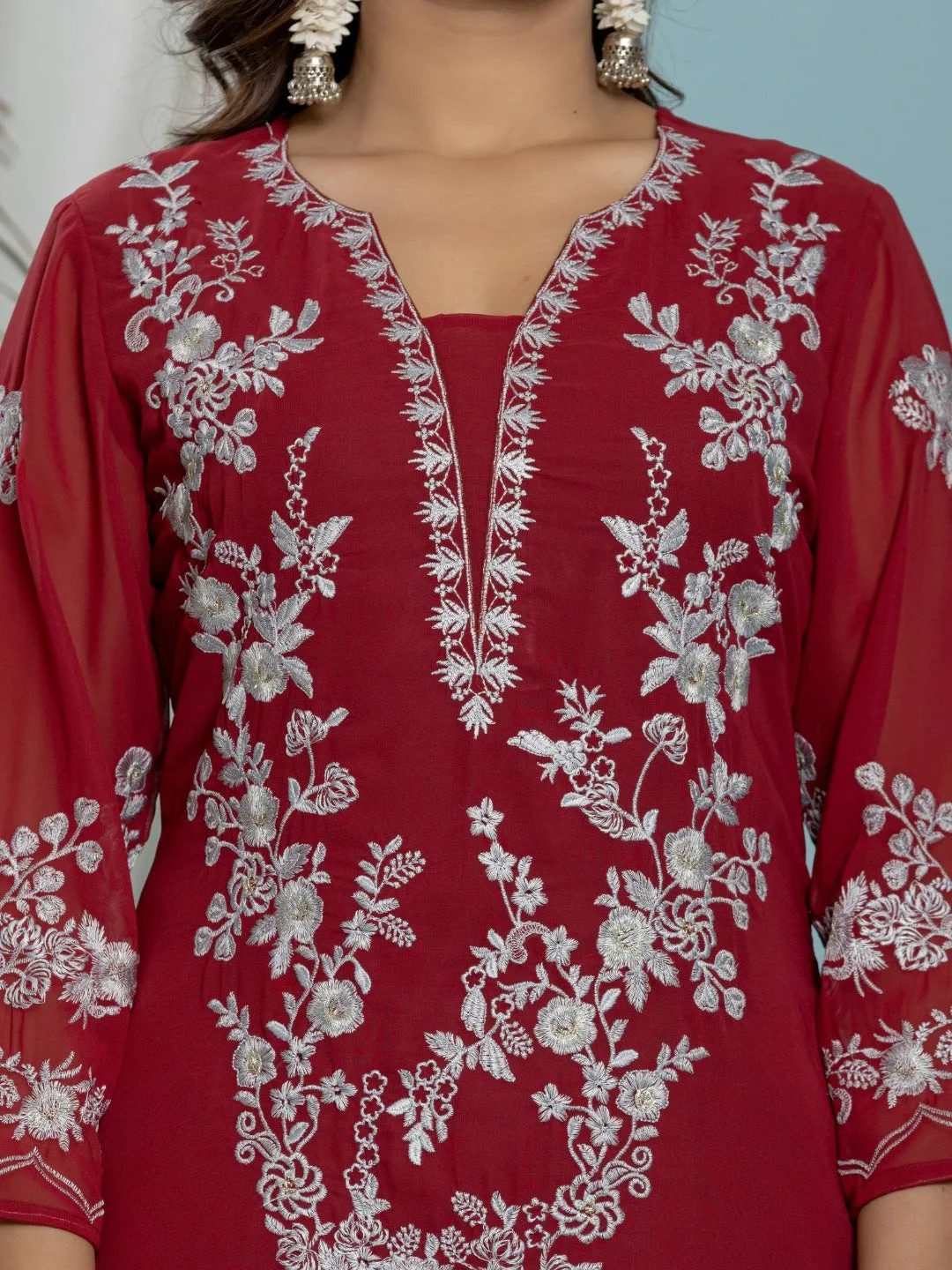 Thread Embroidered Georgette Solid Kurta with Lining - Maroon