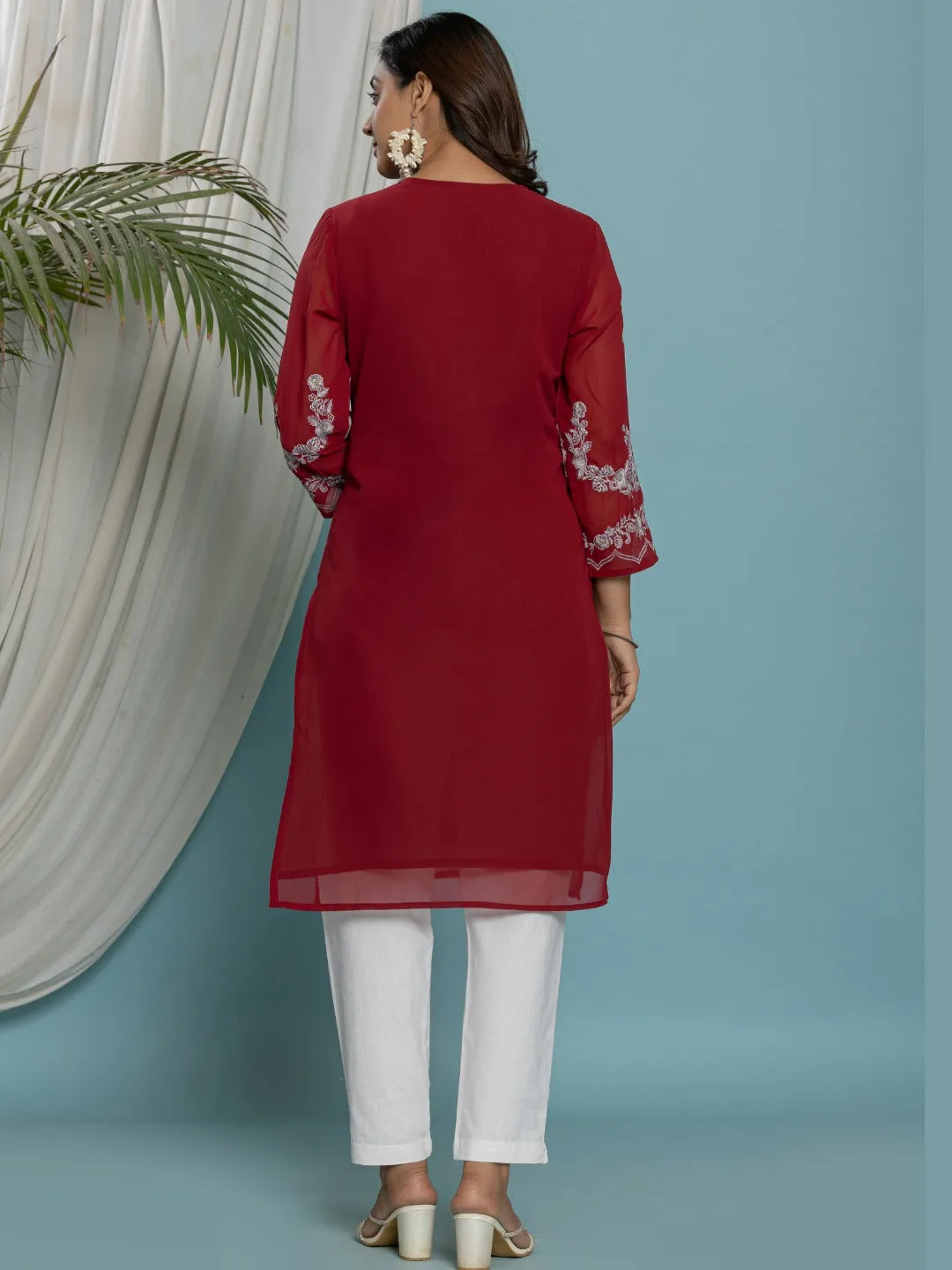 Thread Embroidered Georgette Solid Kurta with Lining - Maroon