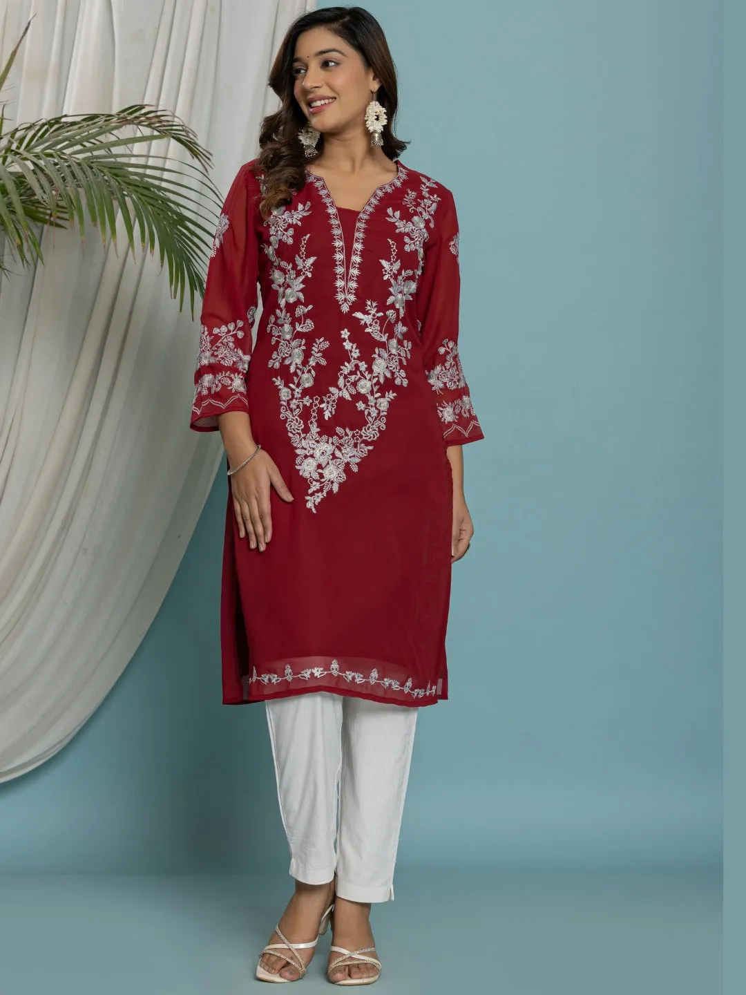 Thread Embroidered Georgette Solid Kurta with Lining - Maroon