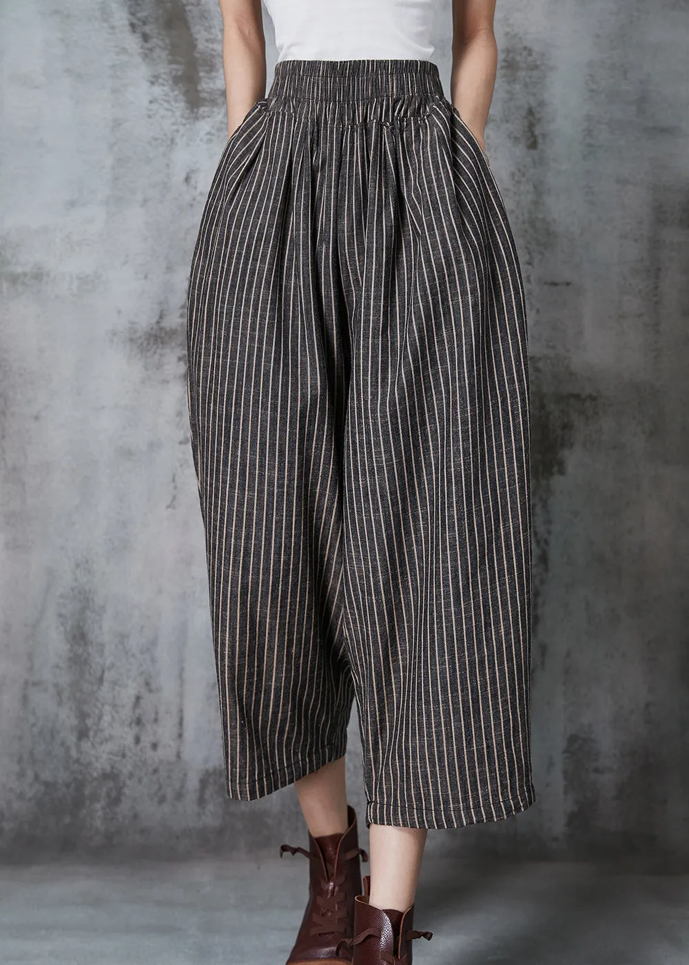 Vintage Dull Grey Oversized Striped Linen Harem Pants Summer AL1003
