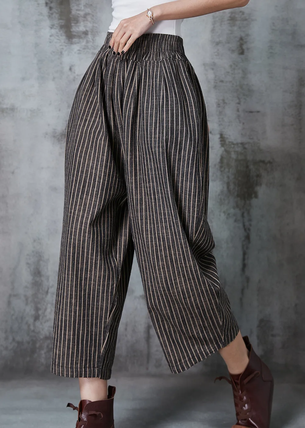 Vintage Dull Grey Oversized Striped Linen Harem Pants Summer AL1003