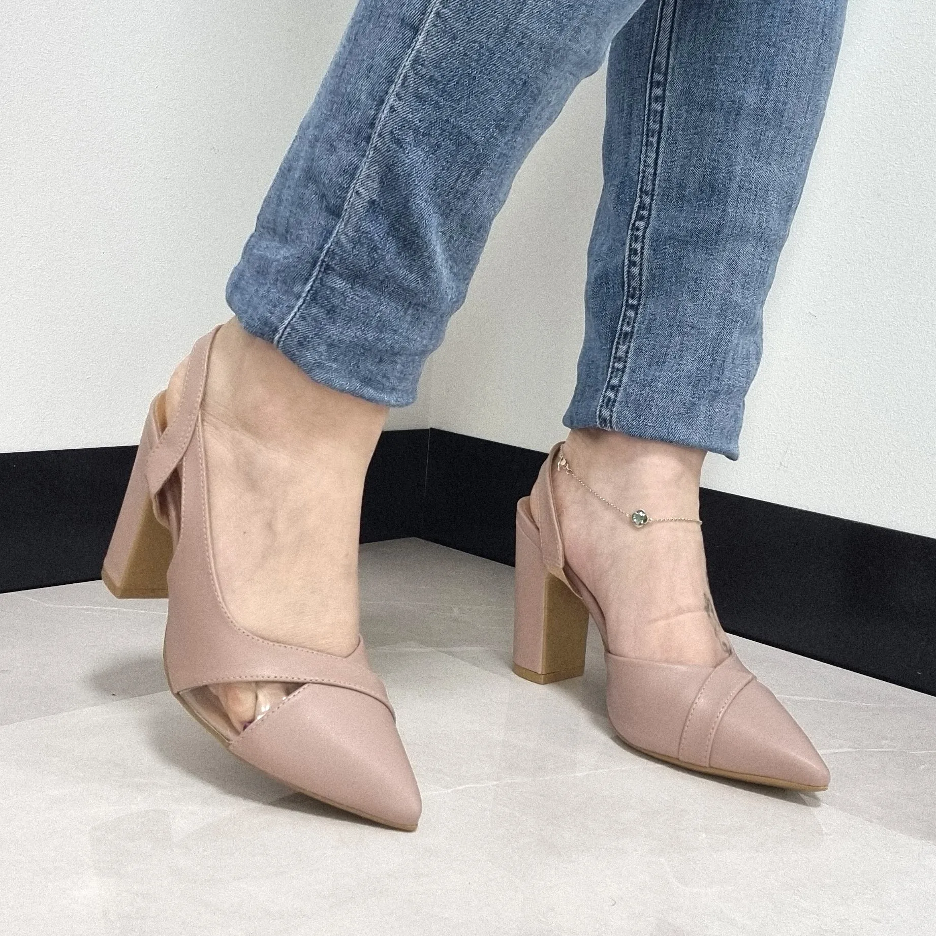Vizzano 1285-4443 Block Heel Pointy Toe Slingback Pump in Taupe