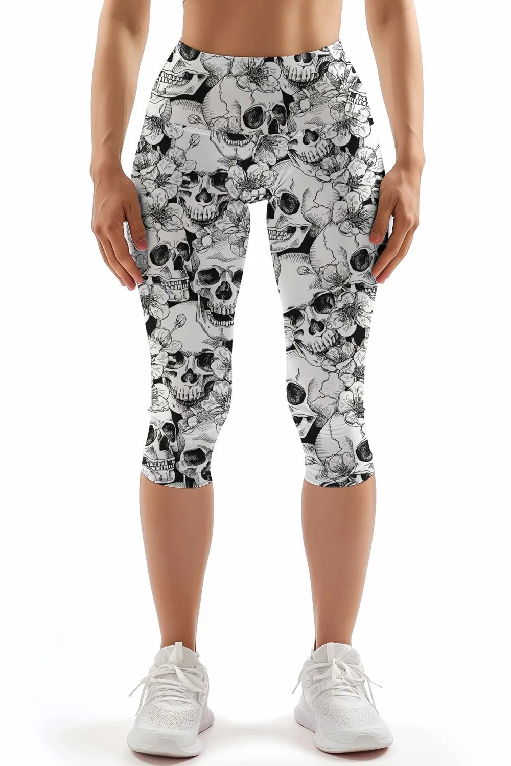 White Witch Ellie Skull Print Performance Yoga Capri Leggings - Women